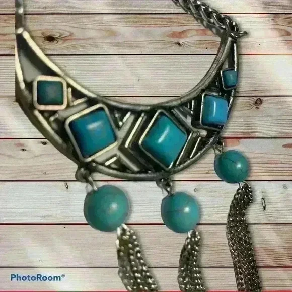 Metal Inlaid Turquoise Simple Necklace Earring set - Picture 2 of 6